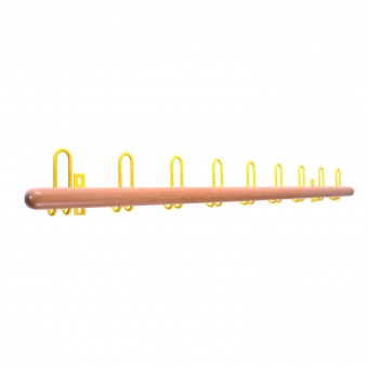 Garderobenleiste, Holz rund, 150 cm, 9 Zweifachhaken, Hakenenden zur Wand zeigend Garderobenleiste, Holz rund, 150 cm, 9 Zweifachhaken, Hakenenden zur Wand zeigend